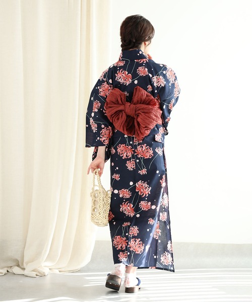 セール】花模様コットン浴衣4点セット ゆかた・へこ帯・下駄・髪飾り