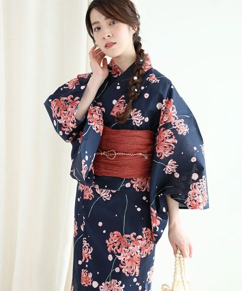 セール】花模様コットン浴衣4点セット ゆかた・へこ帯・下駄・髪飾り