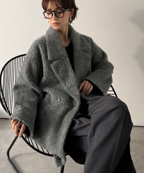 ジャケット・アウター volume wool tailored coat charcoal gray セール】ふわり纏うだけで上品見え。2wayシャギーダブルビックカラー