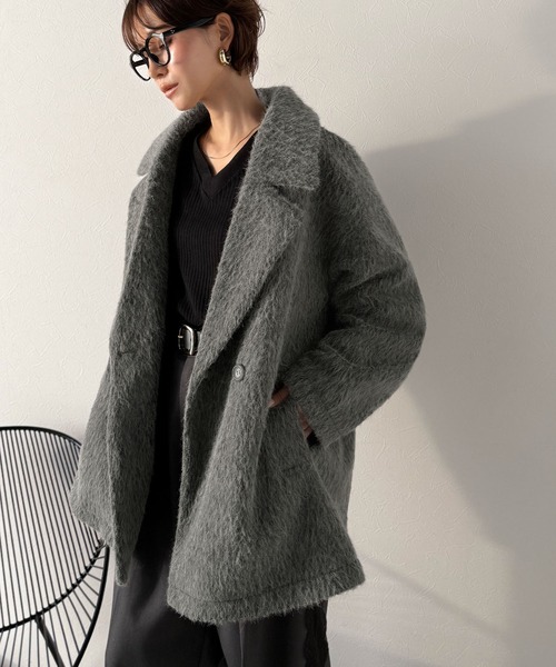 日本製　CYDERHOUSE 限定 ダブルジャケット ウール vintage セール】ふわり纏うだけで上品見え。2wayシャギーダブルビックカラー