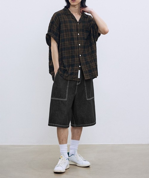 F.ILLUMINATE(フィルミネイト)の「【UNISEX】Filluminate/オープンカラーチェック半袖シャツ(シャツ/ブラウス・レディース・ブラウン/グレー・SMALL/MEDIUM/LARGE)」の3枚目の写真