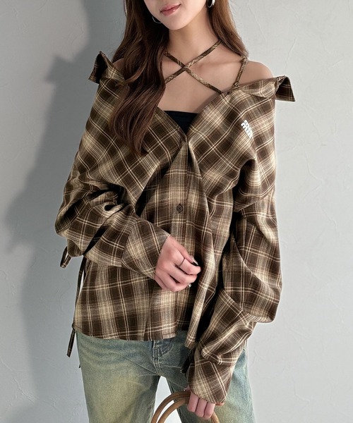 mily bilet（ミウィビレット）の「【mily bilet】アレンジ自在！2wayオフショルチェック柄襟シャツ（長袖）（シャツ/ブラウス・レディース・ネイビー/レッド/ブラウン/ブラック・X-LARGE/SMALL/MEDIUM/LARGE）」の11枚目の写真