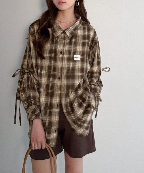 mily bilet（ミウィビレット）の「【mily bilet】アレンジ自在！2wayオフショルチェック柄襟シャツ（長袖）（シャツ/ブラウス・レディース・ネイビー/レッド/ブラウン/ブラック・X-LARGE/SMALL/MEDIUM/LARGE）」の14枚目の写真