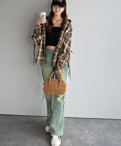 mily bilet（ミウィビレット）の「【mily bilet】アレンジ自在！2wayオフショルチェック柄襟シャツ（長袖）（シャツ/ブラウス・レディース・ネイビー/レッド/ブラウン/ブラック・X-LARGE/SMALL/MEDIUM/LARGE）」の12枚目の写真