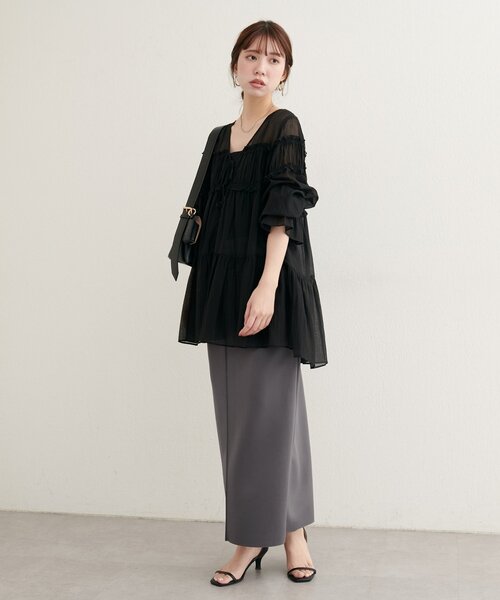 natural couture(ナチュラルクチュール)の「【ako】セルフカットタイトスカート(スカート・レディース・チャコールグレー/ブラック/グリーン・FREE)」の10枚目の写真