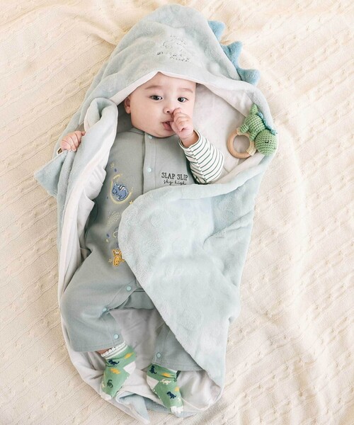 SLAP SLIP BABY（スラップスリップベビー）の「【お揃い】アニマルクマウサギネコ恐竜ポコポコボアフード付きおくるみベビー（おくるみ・キッズ・ベージュ/オフホワイト/ピンク/グリーン・FREE）」の3枚目の写真