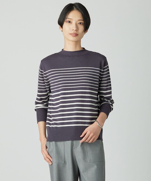 J.PRESS(ジェイプレス)の「SOFT TOUCH WOOL ボーダー ニット(ニット/セーター・レディース・ネイビー系1/ベージュ系1/グレー系1・T15/T13)」の1枚目の写真