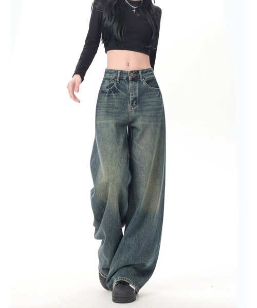 COUDRE ハイウエストデニム セール】【腰ポケット周りの髭加工◎】ハイウエスト ビンテージ ワイド