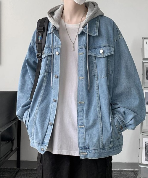 lilful(リルフル)の「【26年春夏新作】フード付き バックプリントデニムジャケット(デニムジャケット・メンズ・ブラック/グレー/ブルー・M/L)」の3枚目の写真