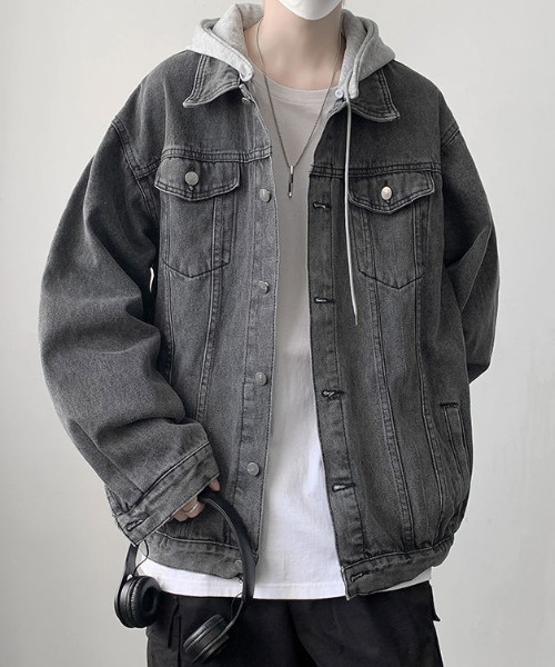 lilful(リルフル)の「【26年春夏新作】フード付き バックプリントデニムジャケット(デニムジャケット・メンズ・ブラック/グレー/ブルー・M/L)」の7枚目の写真