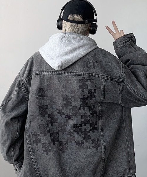 lilful(リルフル)の「【26年春夏新作】フード付き バックプリントデニムジャケット(デニムジャケット・メンズ・ブラック/グレー/ブルー・M/L)」の9枚目の写真
