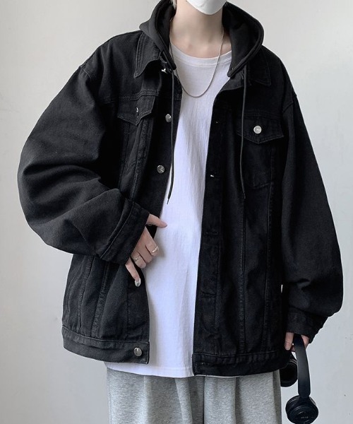 lilful(リルフル)の「【26年春夏新作】フード付き バックプリントデニムジャケット(デニムジャケット・メンズ・ブラック/グレー/ブルー・M/L)」の4枚目の写真