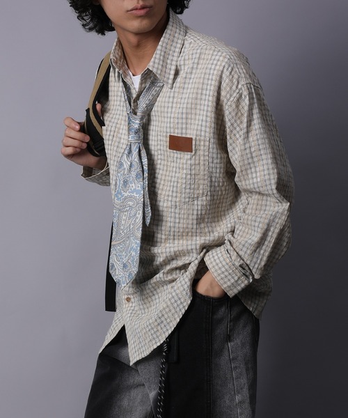 HOOK(フック)の「HOOK -original- 古着風ジャカードチェック柄シャツ(シャツ/ブラウス・メンズ・ライトベージュ/グリーン/ブラック・XL/M/L)」の2枚目の写真