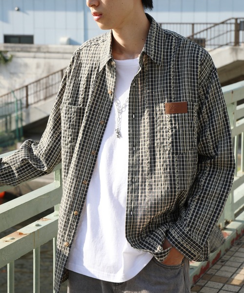 HOOK(フック)の「HOOK -original- 古着風ジャカードチェック柄シャツ(シャツ/ブラウス・メンズ・ライトベージュ/グリーン/ブラック・XL/M/L)」の1枚目の写真