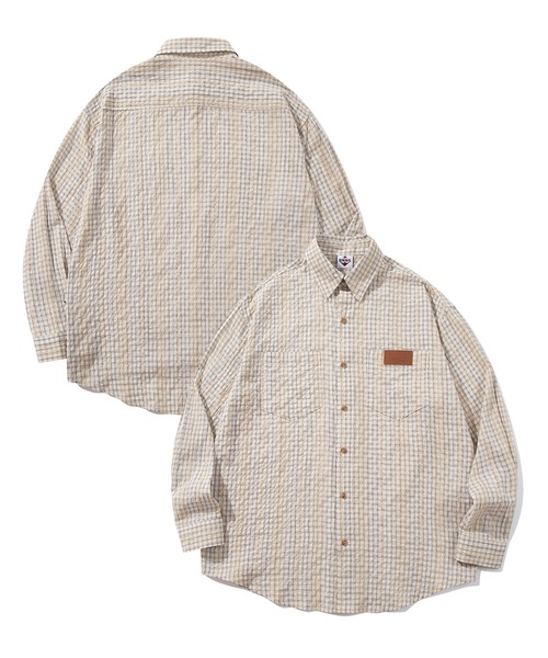 HOOK(フック)の「HOOK -original- 古着風ジャカードチェック柄シャツ(シャツ/ブラウス・メンズ・ライトベージュ/グリーン/ブラック・XL/M/L)」の4枚目の写真