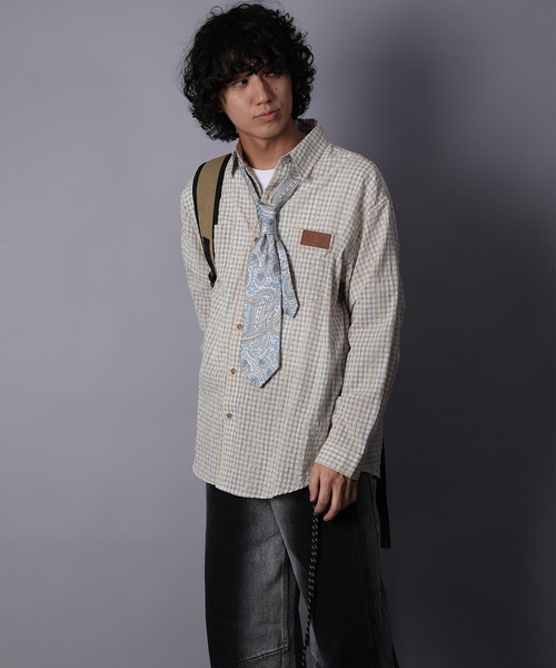 HOOK(フック)の「HOOK -original- 古着風ジャカードチェック柄シャツ(シャツ/ブラウス・メンズ・ライトベージュ/グリーン/ブラック・XL/M/L)」の5枚目の写真