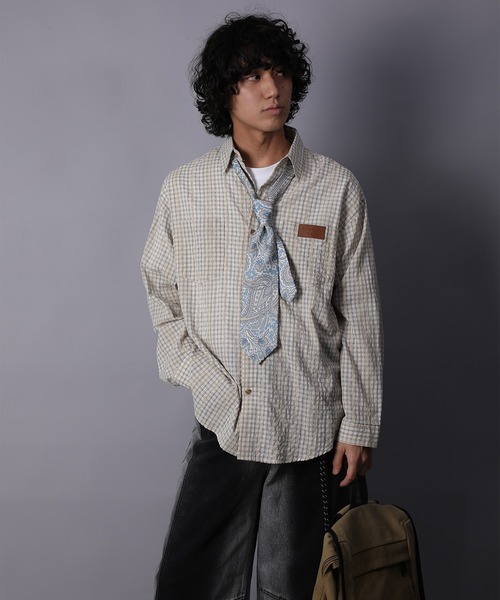 HOOK(フック)の「HOOK -original- 古着風ジャカードチェック柄シャツ(シャツ/ブラウス・メンズ・ライトベージュ/グリーン/ブラック・XL/M/L)」の6枚目の写真