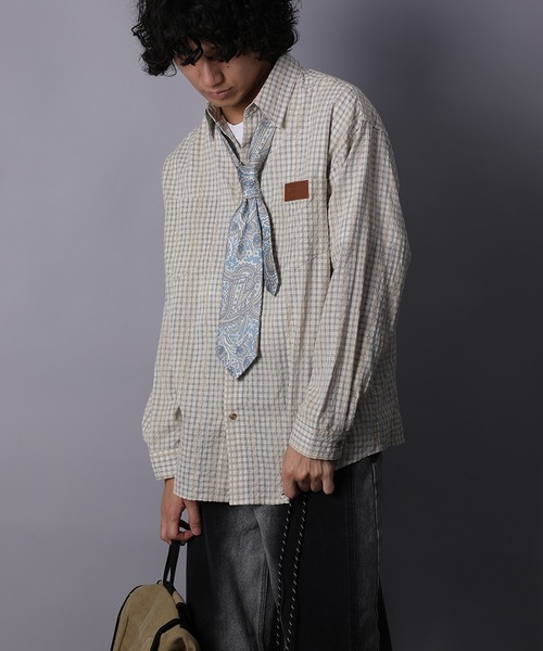 HOOK(フック)の「HOOK -original- 古着風ジャカードチェック柄シャツ(シャツ/ブラウス・メンズ・ライトベージュ/グリーン/ブラック・XL/M/L)」の7枚目の写真