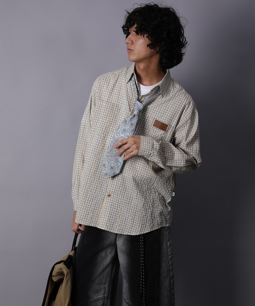 HOOK(フック)の「HOOK -original- 古着風ジャカードチェック柄シャツ(シャツ/ブラウス・メンズ・ライトベージュ/グリーン/ブラック・XL/M/L)」の8枚目の写真