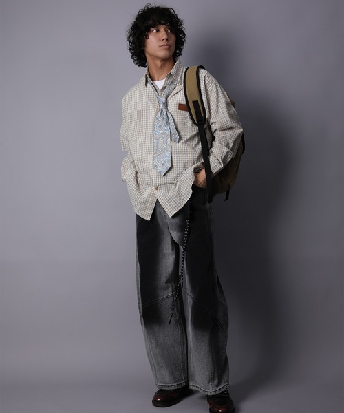 HOOK(フック)の「HOOK -original- 古着風ジャカードチェック柄シャツ(シャツ/ブラウス・メンズ・ライトベージュ/グリーン/ブラック・XL/M/L)」の9枚目の写真