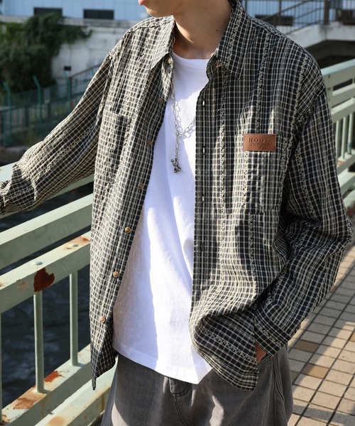 HOOK(フック)の「HOOK -original- 古着風ジャカードチェック柄シャツ(シャツ/ブラウス・メンズ・ライトベージュ/グリーン/ブラック・XL/M/L)」の18枚目の写真