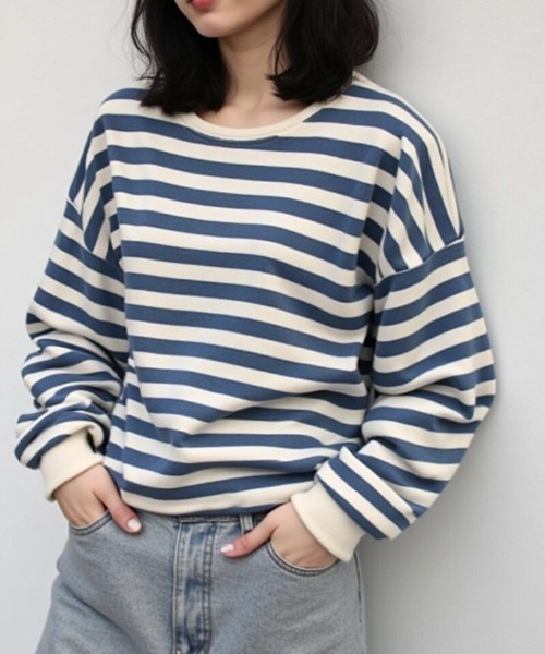 cammie(キャミー)の「ドロップショルダーボーダープルオーバー(Tシャツ/カットソー・レディース・ブラック/ブルー・L/M)」の1枚目の写真