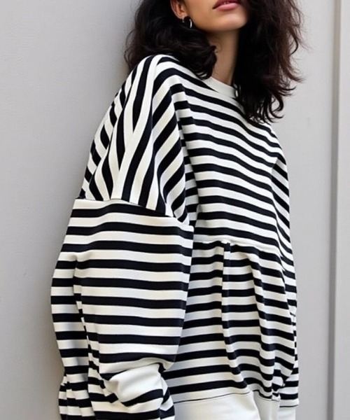 cammie(キャミー)の「ドロップショルダーボーダープルオーバー(Tシャツ/カットソー・レディース・ブラック/ブルー・L/M)」の7枚目の写真