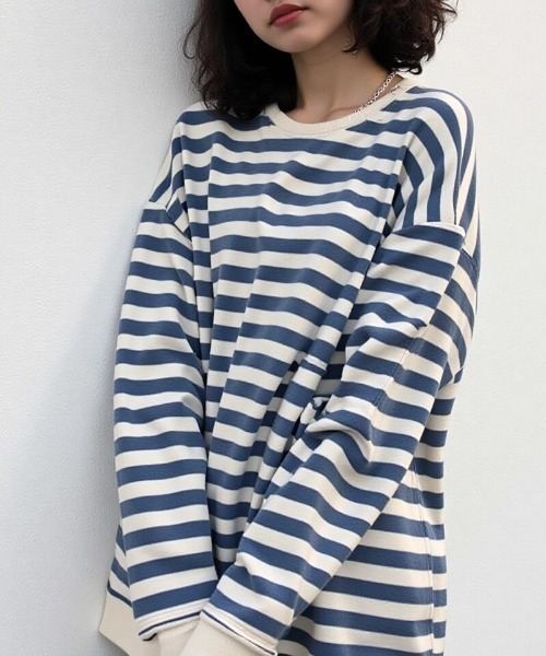 cammie(キャミー)の「ドロップショルダーボーダープルオーバー(Tシャツ/カットソー・レディース・ブラック/ブルー・L/M)」の9枚目の写真