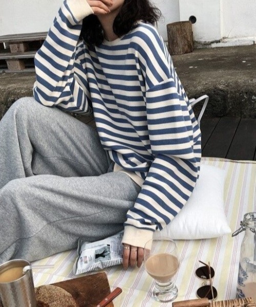 cammie(キャミー)の「ドロップショルダーボーダープルオーバー(Tシャツ/カットソー・レディース・ブラック/ブルー・L/M)」の8枚目の写真