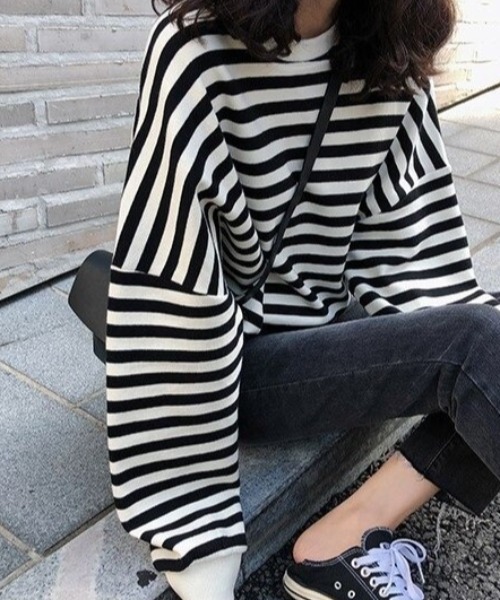 cammie(キャミー)の「ドロップショルダーボーダープルオーバー(Tシャツ/カットソー・レディース・ブラック/ブルー・L/M)」の5枚目の写真