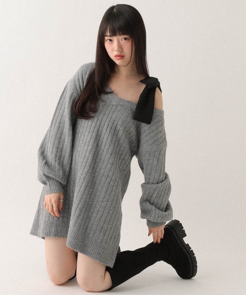 セール】Vネックオフショルニットミニワンピース 598397（ワンピース