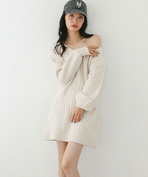セール】Vネックオフショルニットミニワンピース 598397（ワンピース