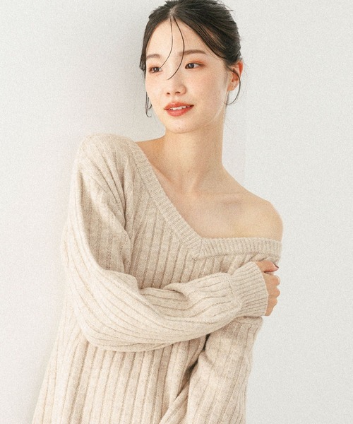 Heather（ヘザー）の「Vネックオフショルニットミニワンピース 598397