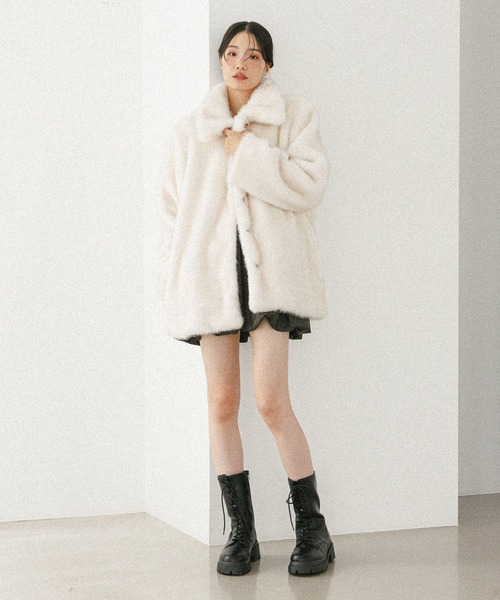 Heather　MIXファージャケット（オフホワイト、ミドル丈） セール】MIXファーミドルジャケット 604695（その他アウター