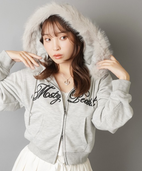 ショート丈ロゴジップパーカー/フェイクファー（パーカー