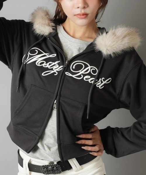 ショート丈ロゴジップパーカー/フェイクファー（パーカー