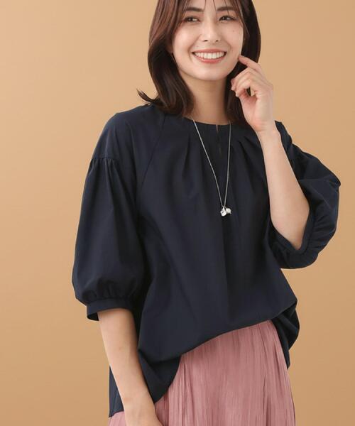 Reflect(リフレクト)の「【E‐QUALITY/体型カバー/ゆったり着られる◎】ストライプ×パフスリーブのブラウス(シャツ/ブラウス・レディース・ネイビー/チャコール/オレンジ系その他4・09/11)」の1枚目の写真