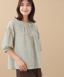 【E‐QUALITY/体型カバー/ゆったり着られる◎】ストライプ×パフスリーブのブラウス