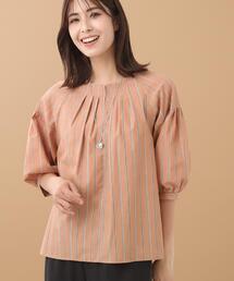 【E‐QUALITY／体型カバー／ゆったり着られる◎】ストライプ×パフスリーブのブラウス