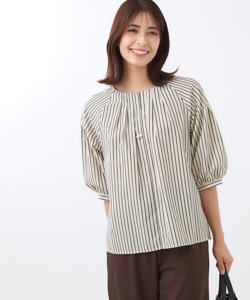 Reflect(リフレクト)の「【E‐QUALITY/体型カバー/ゆったり着られる◎】ストライプ×パフスリーブのブラウス(シャツ/ブラウス・レディース・ネイビー/チャコール/オレンジ系その他4・09/11)」の9枚目の写真