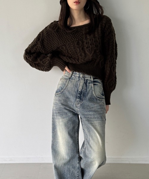 junoah(ジュノア)の「2wayワンショルケーブルショートニット(ニット/セーター・レディース・ダークブラウン/アイボリー/ライトブルー・LARGE/MEDIUM)」の15枚目の写真