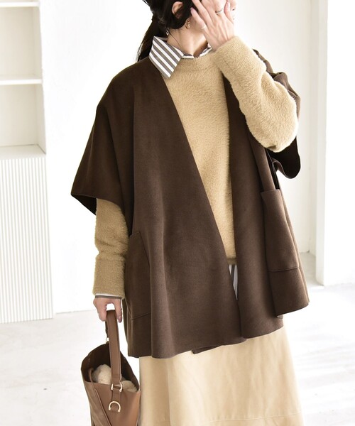 【極美品】ワイズ ビッグシルエット ポンチョ コート カーディガン ファー ケープ ロング丈 ふわふわ 冬コート レディース 毛皮 きれいめ