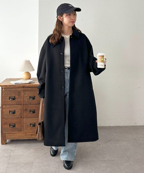 ⭐︎専用⭐︎ ラディエイト 刺繍入りロングコート 黒 rienda フェイクスエードスタンドカラーロングCT L/BEG1 -ファッション