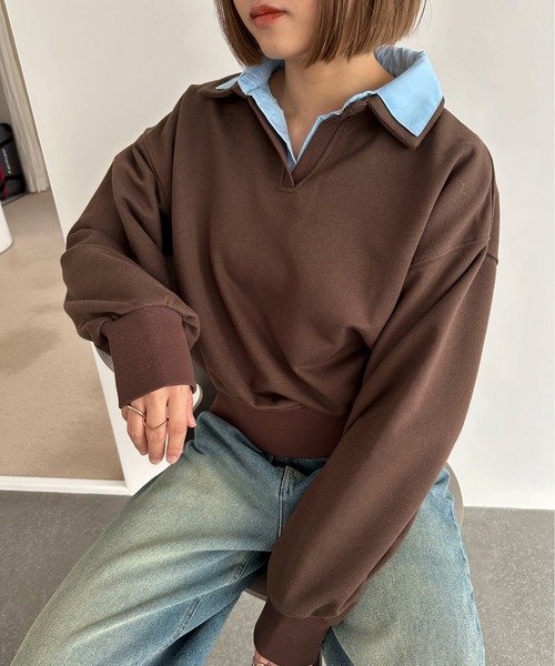 PILIT(ピリット)の「シャツレイヤードスウエット(スウェット・レディース・ブラウン/チャコールグレー・MEDIUM)」の5枚目の写真