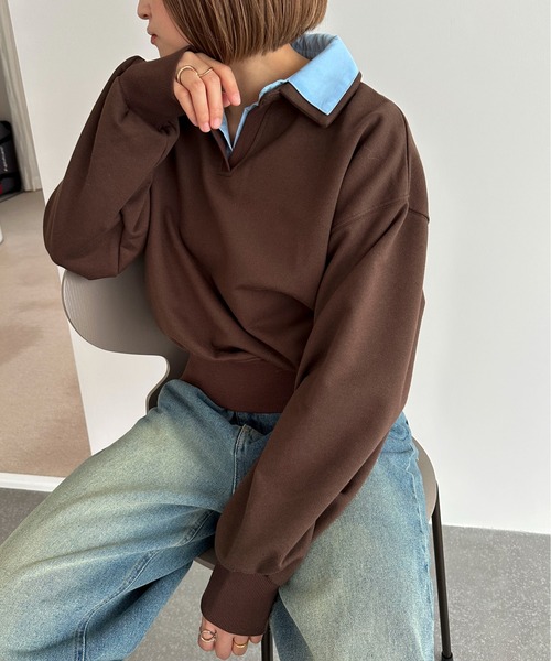 PILIT(ピリット)の「シャツレイヤードスウエット(スウェット・レディース・ブラウン/チャコールグレー・MEDIUM)」の6枚目の写真