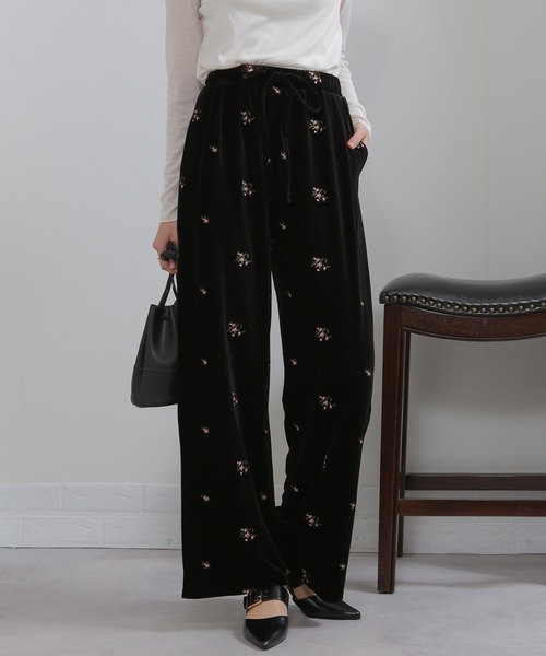 セール】花柄刺繍 ベロア イージーワイド パンツ（裏地付き）（その他