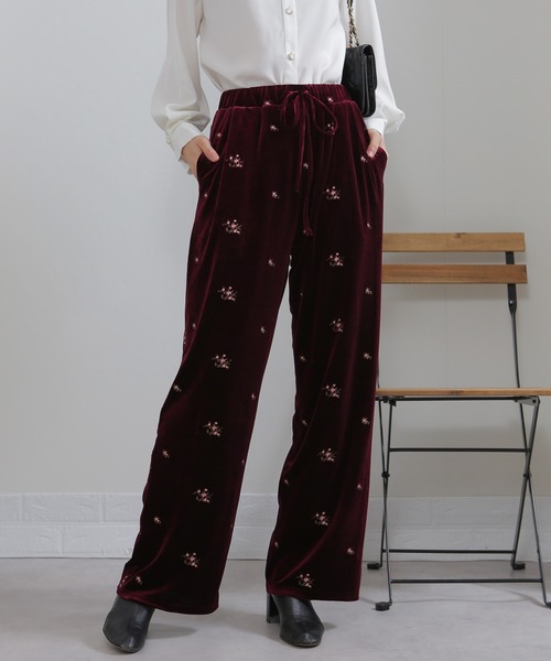 花柄刺繍 ベロア イージーワイド パンツ（裏地付き）（その他パンツ