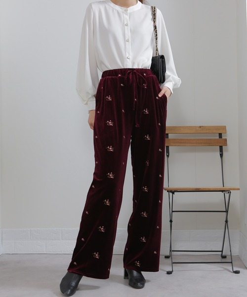 セール】花柄刺繍 ベロア イージーワイド パンツ（裏地付き）（その他