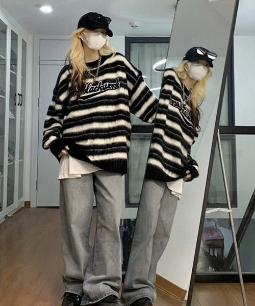 VIBGYOR（ヴィブジョー）の「ボーダーオーバーサイズニット/セーター(NEZ)（ニット/セーター・レディース・ブラック・FREE）」の2枚目の写真