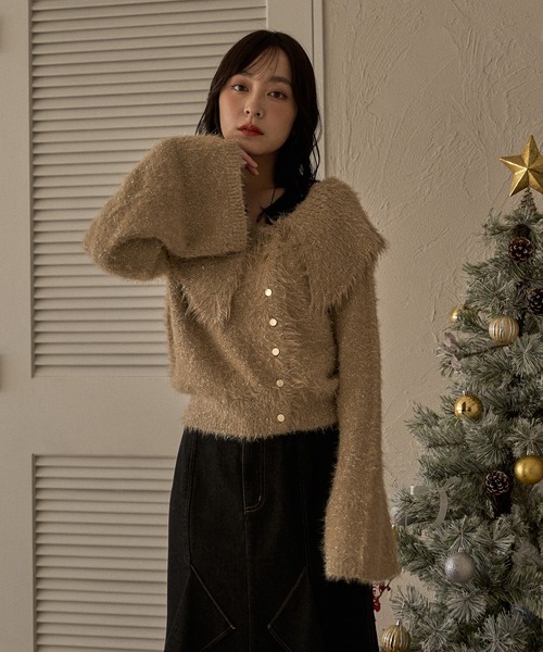 mideal グリッターワイドカラーニット アイボリー glitter wide collar knit / グリッターワイドカラーニット（ニット